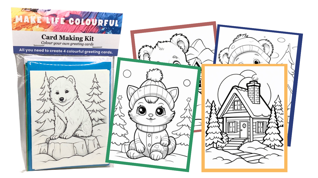 A handmade “Make a Card Kit” laid out neatly, including a blank card base, a colouring-sheet front design, sentiment strips, and a “Made By” label.