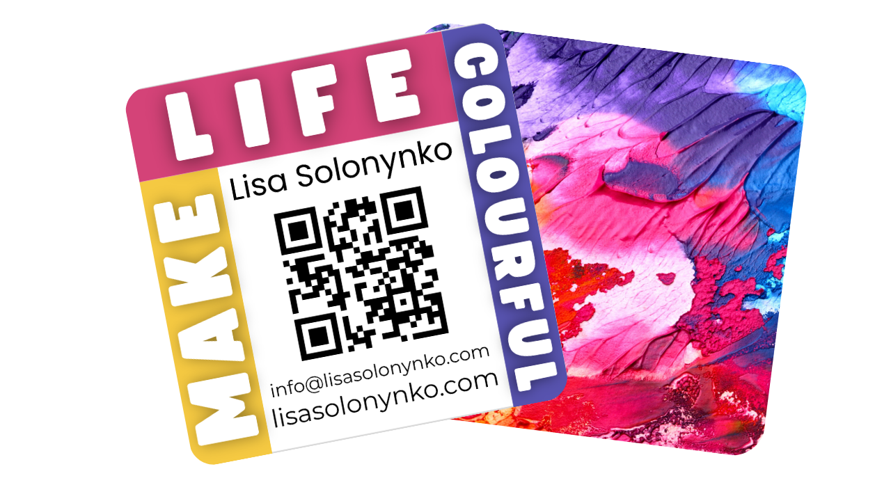 A colourful square artist business card with bright painted-style graphics and clean typography, photographed on a light background.