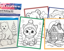 A handmade “Make a Card Kit” laid out neatly, including a blank card base, a colouring-sheet front design, sentiment strips, and a “Made By” label.